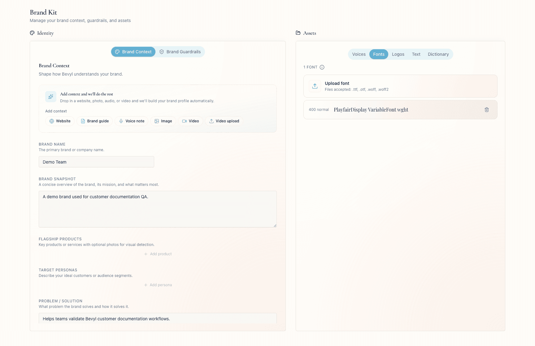 Brand Kit Assets Fonts tab with the Upload font control