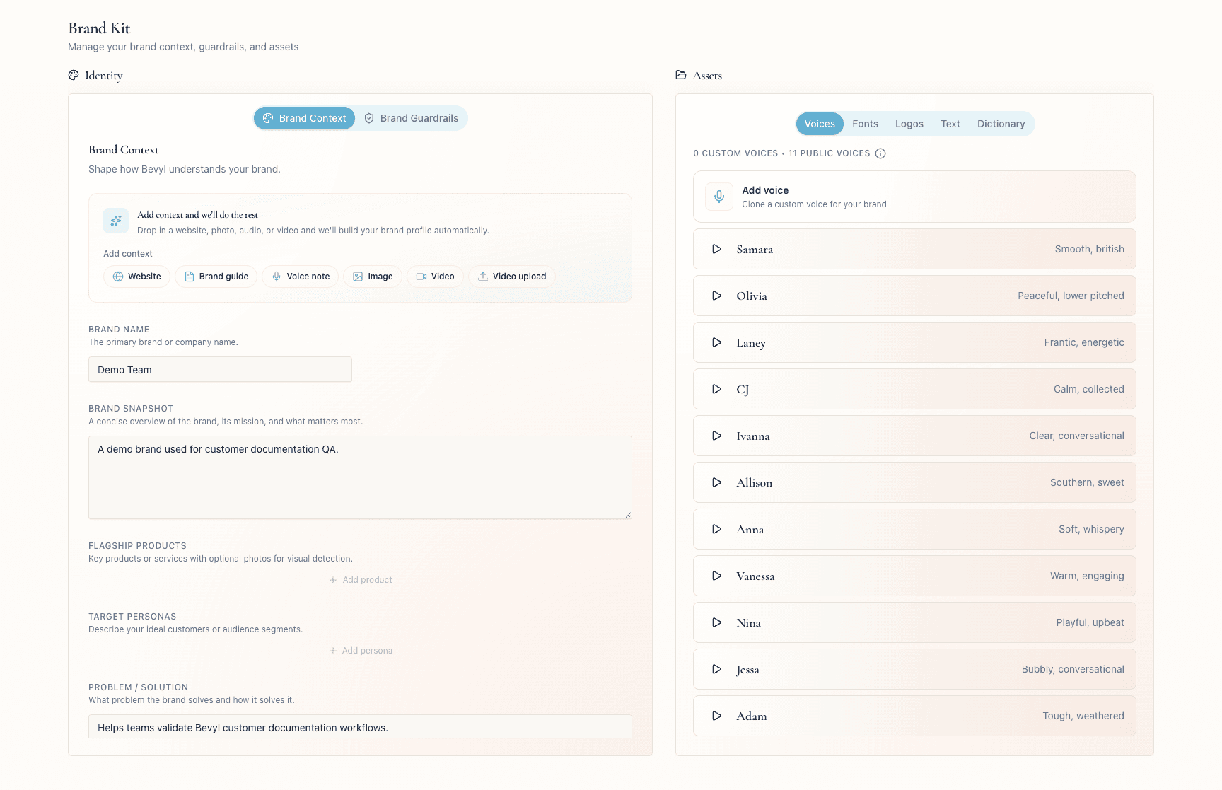 The Brand Context tab in Brand Kit with Flagship Products and Target Personas visible