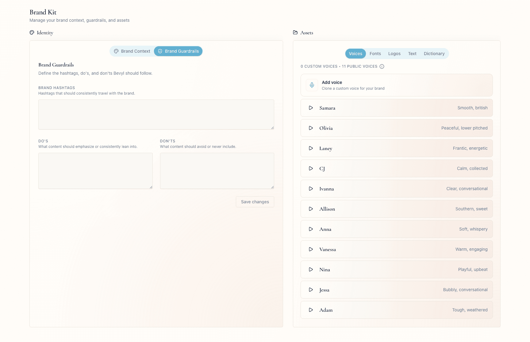 The Brand Guardrails tab in Brand Kit with fields for Brand Hashtags, Do's, and Don'ts