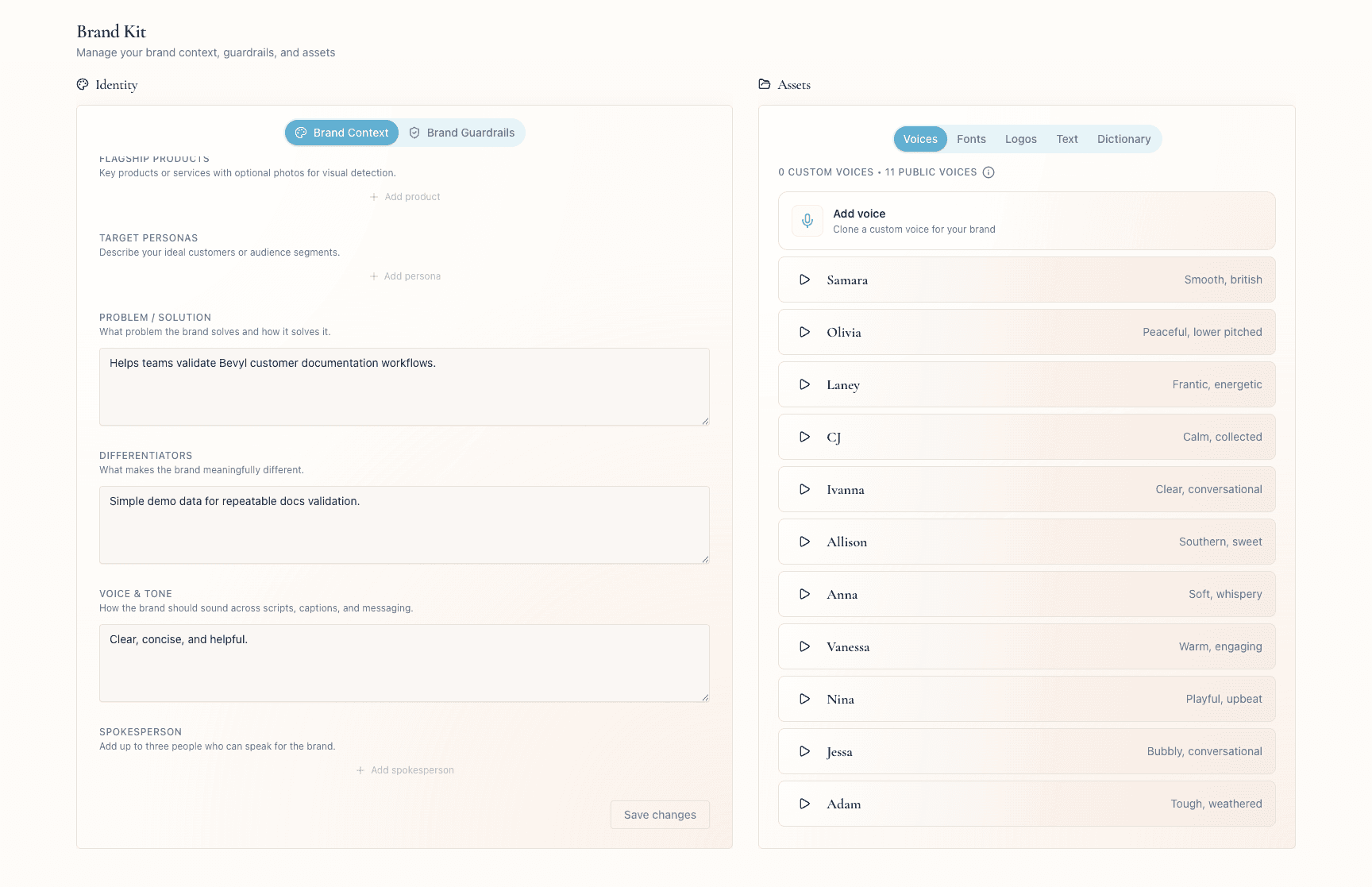 The Brand Context tab in Brand Kit with editable brand fields