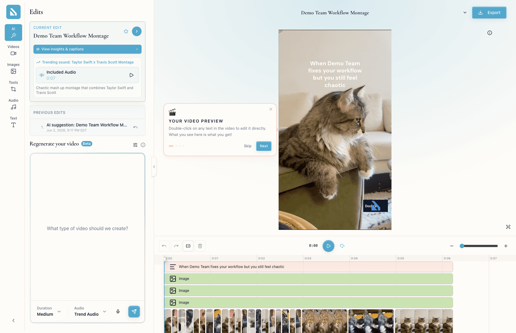 Bevyl editor showing the timeline with multiple video clips and timestamp ruler