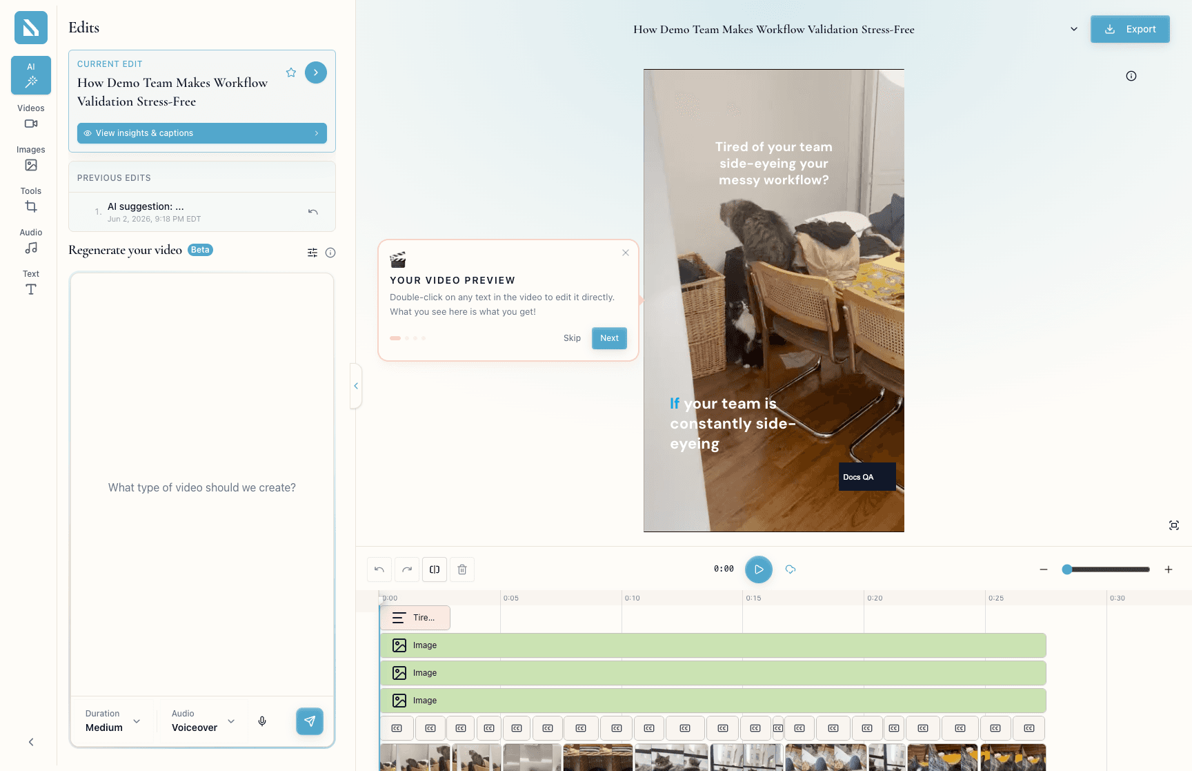 The Bevyl editor open on a voiceover project