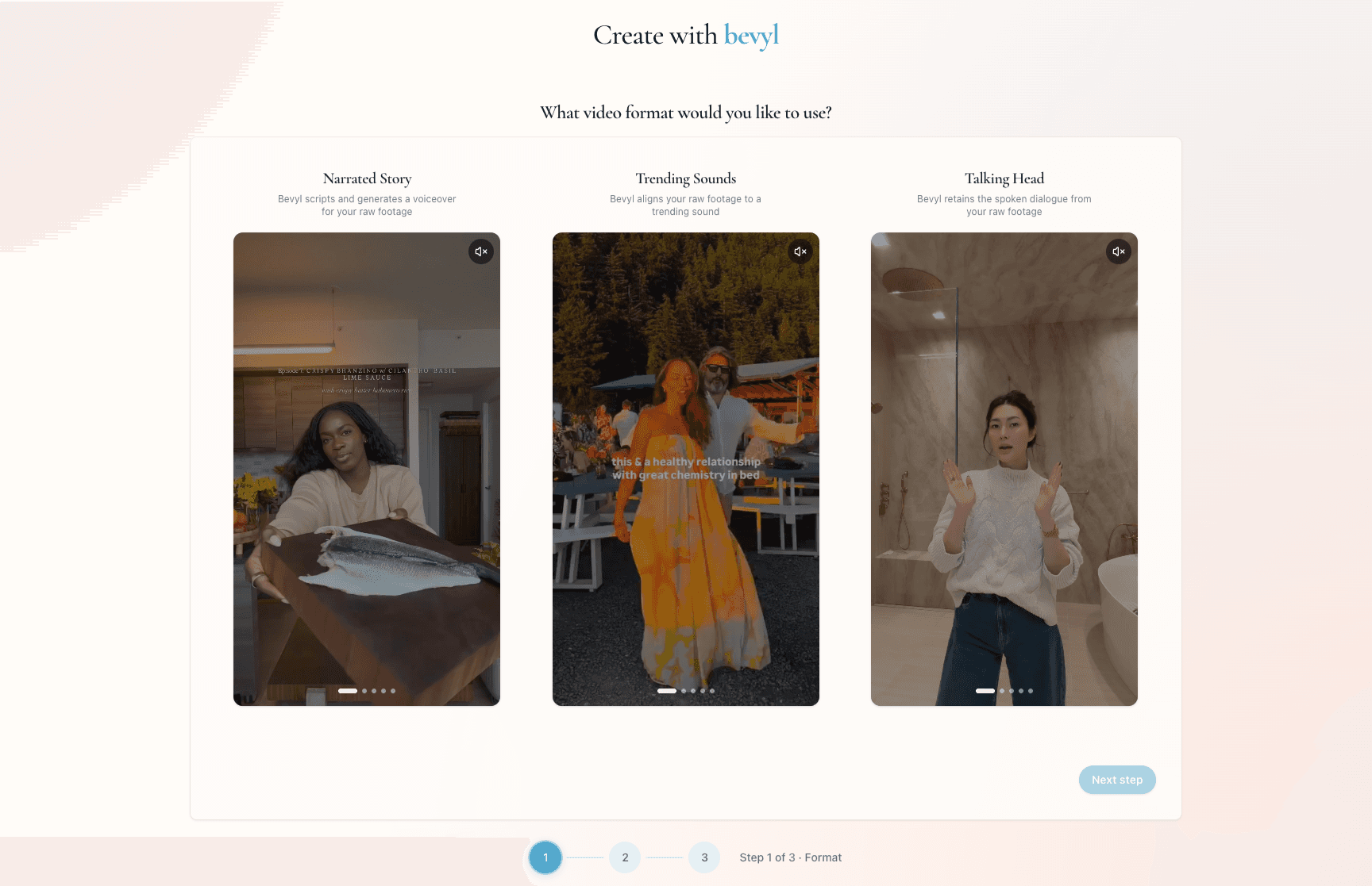 The Bevyl create flow format selection screen
