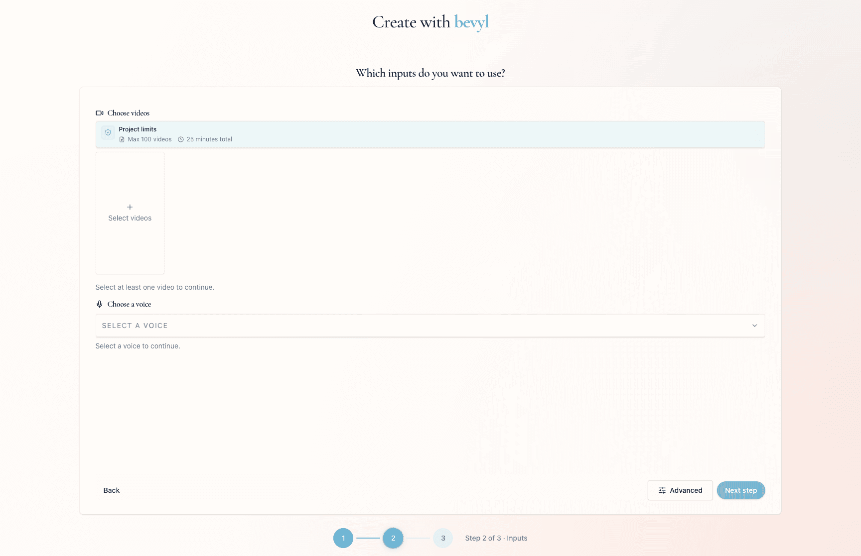 The Bevyl create flow input selection screen showing Choose videos and Choose a voice