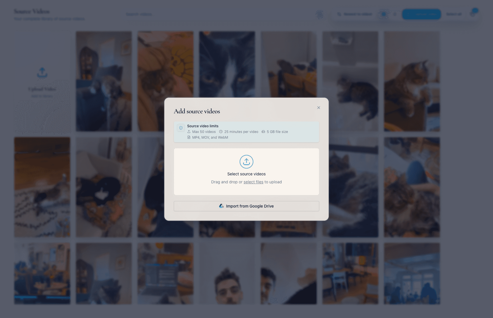 The Add source videos dialog with device upload options