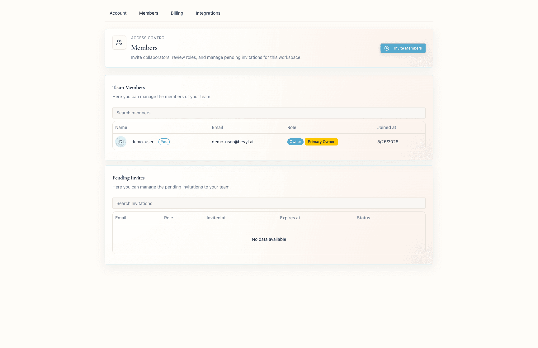 The workspace members page in Bevyl