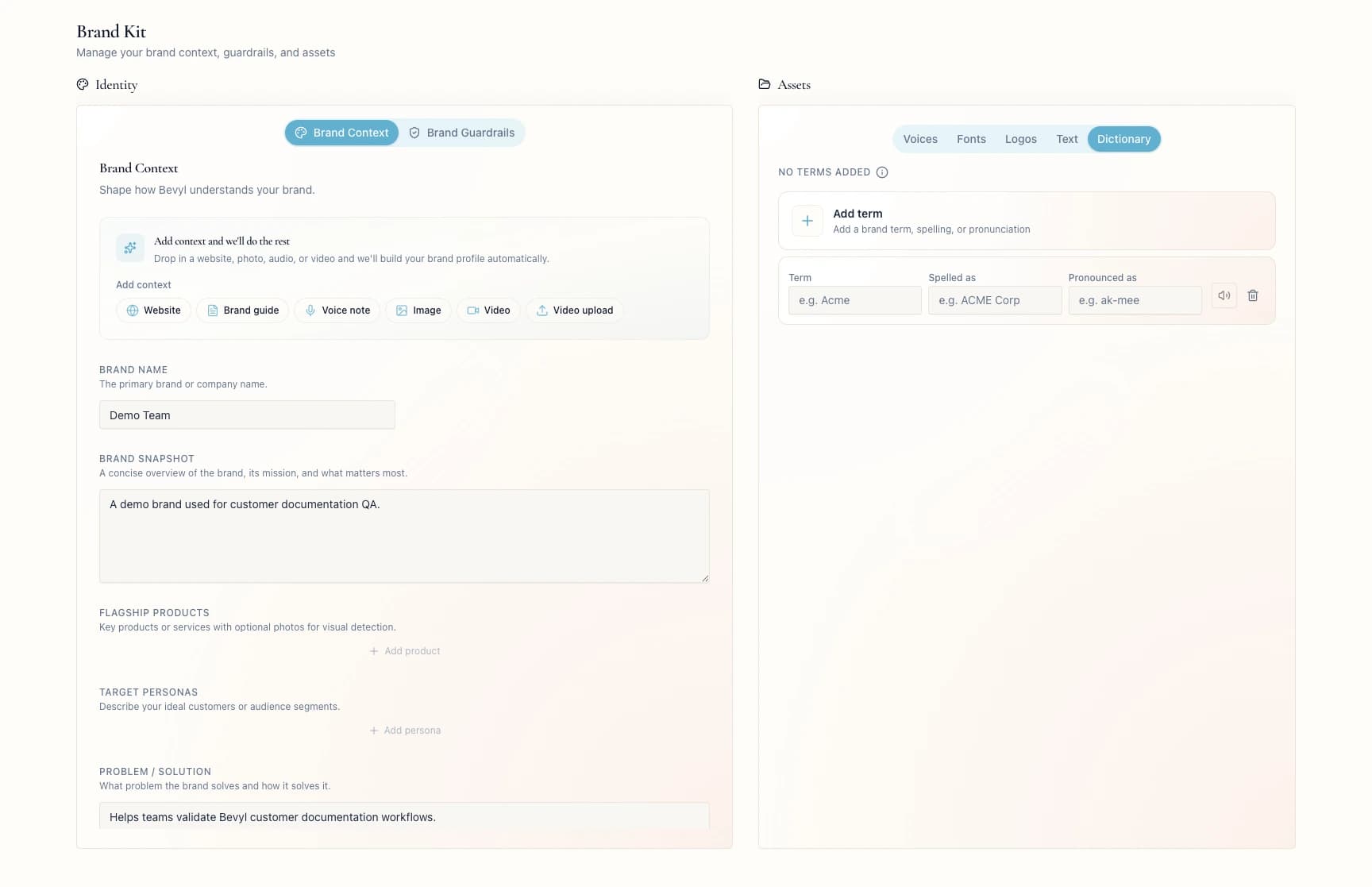 The Dictionary tab in Brand Kit with term, spelling, and pronunciation fields