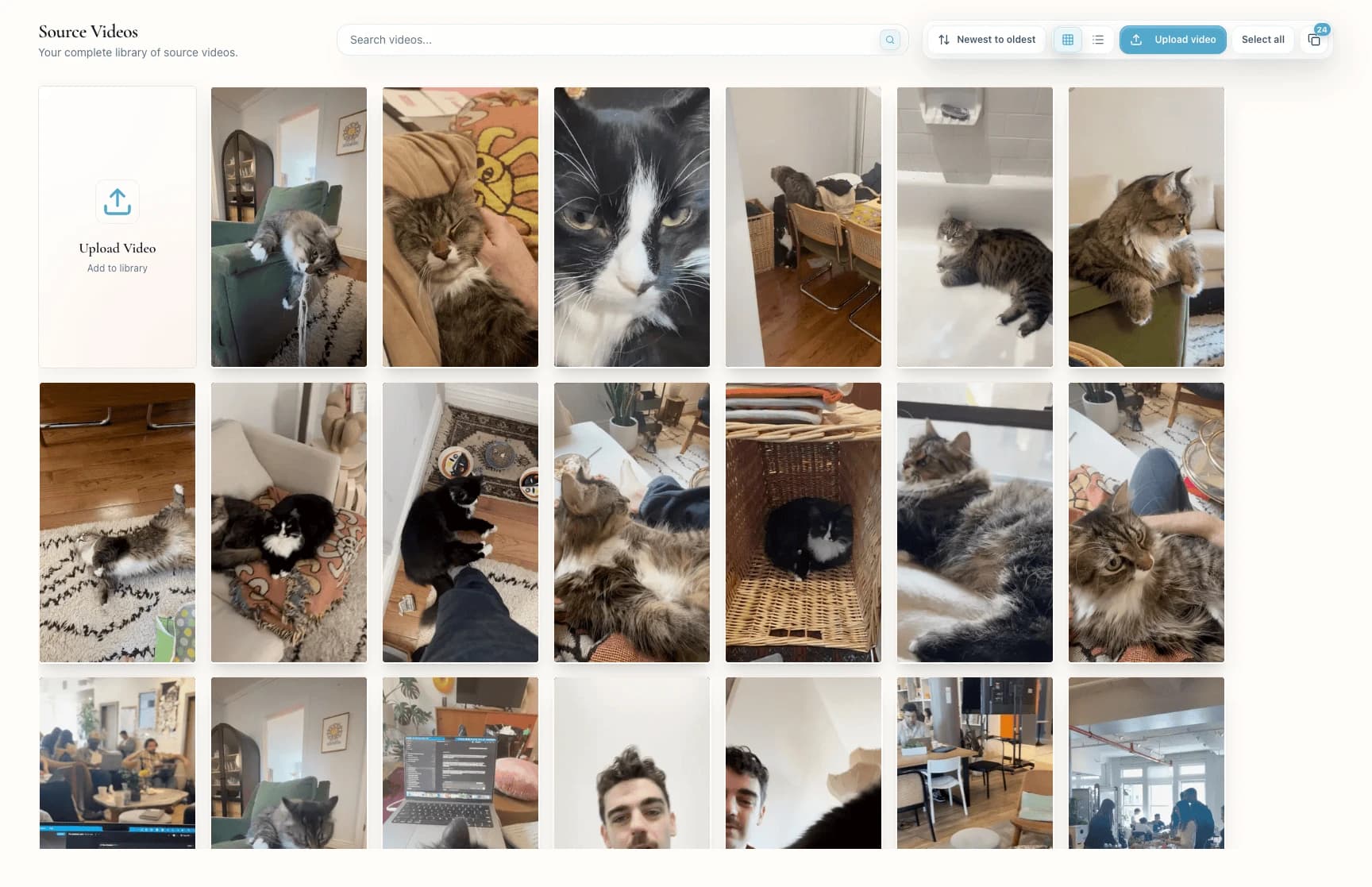 The Source Videos page showing a grid of source footage with the Upload video button in the top right