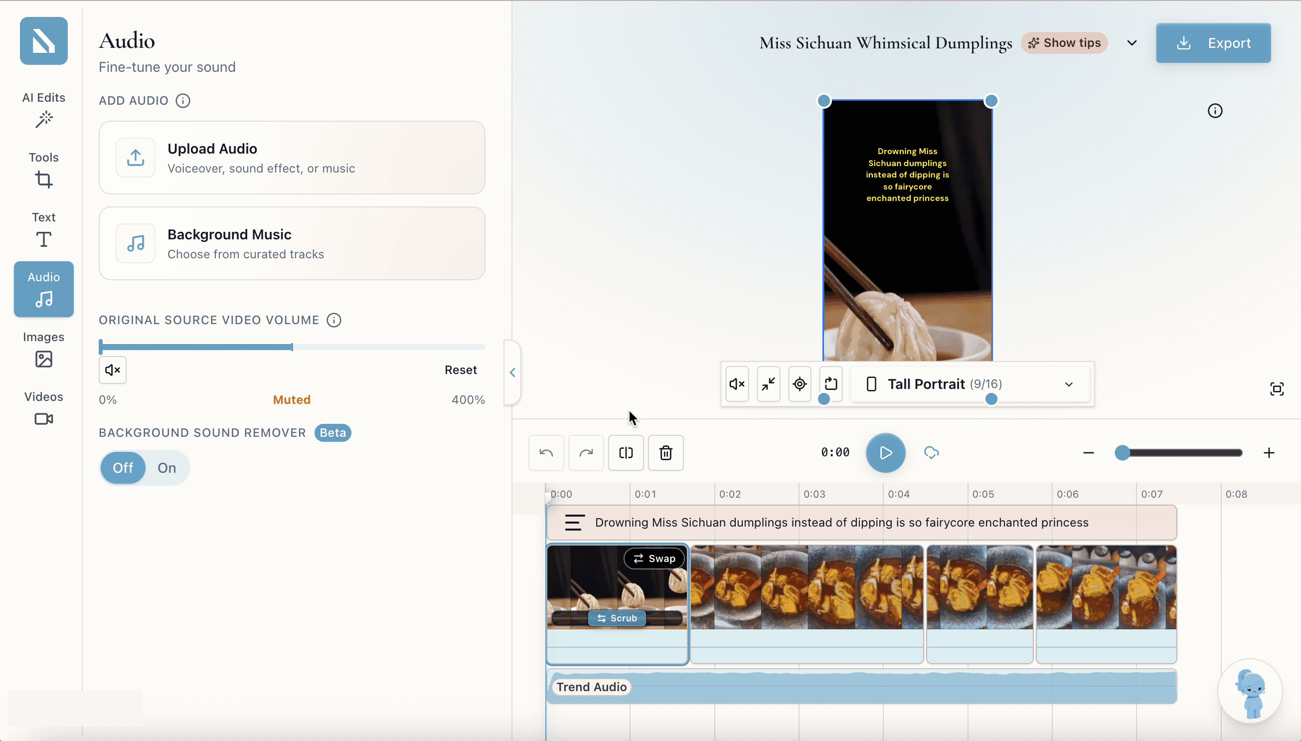 The Audio panel with Upload Audio, Background Music, and source volume controls