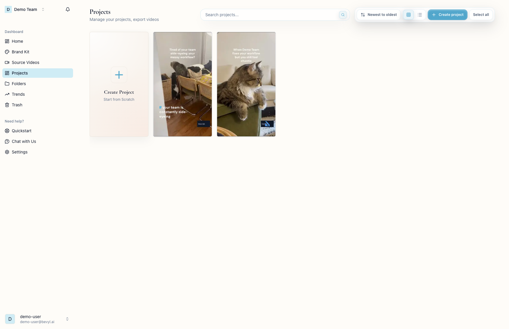 Projects page with ready-to-export project cards
