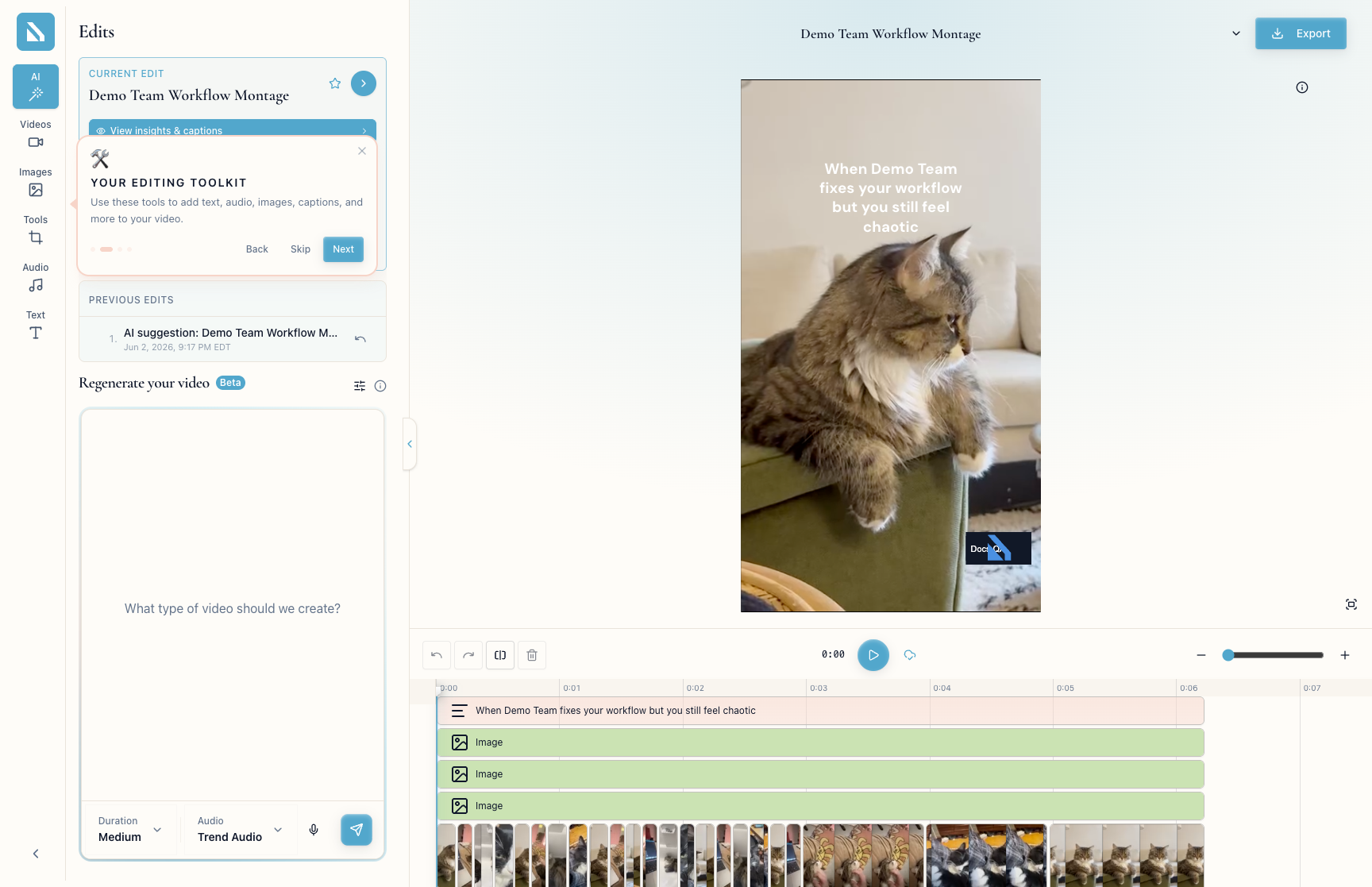 Editor walkthrough highlighting the editing toolkit sidebar