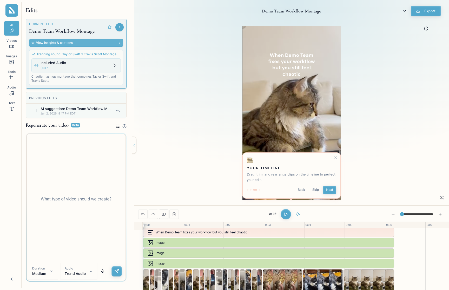 Editor walkthrough highlighting the timeline